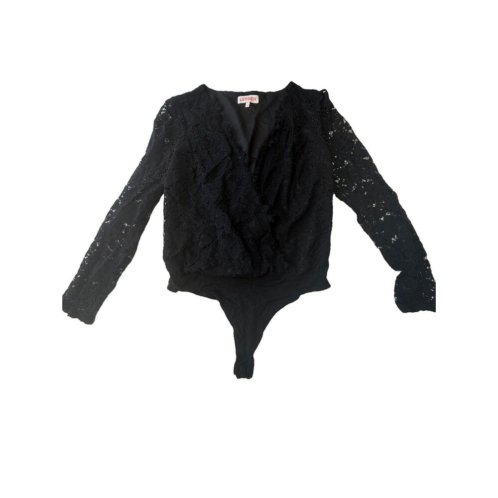 LEYDEN Black Lace Bodysuit Women’s L Long Sleeve Sheer Floral Lace Wrap Top